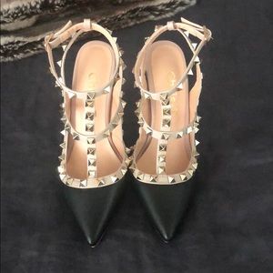 Black and beige studded heels